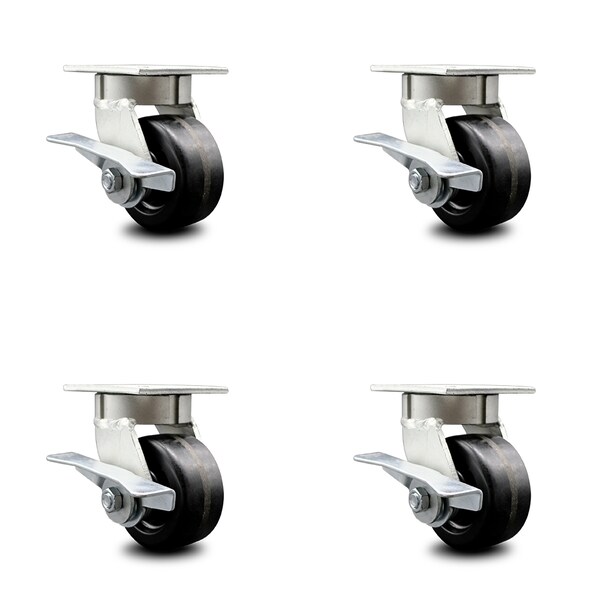 Service Caster 4 Inch Kingpinless Phenolic Wheel Swivel Caster Set with Brakes SCC-KP30S420-PHR-SLB-4 - main